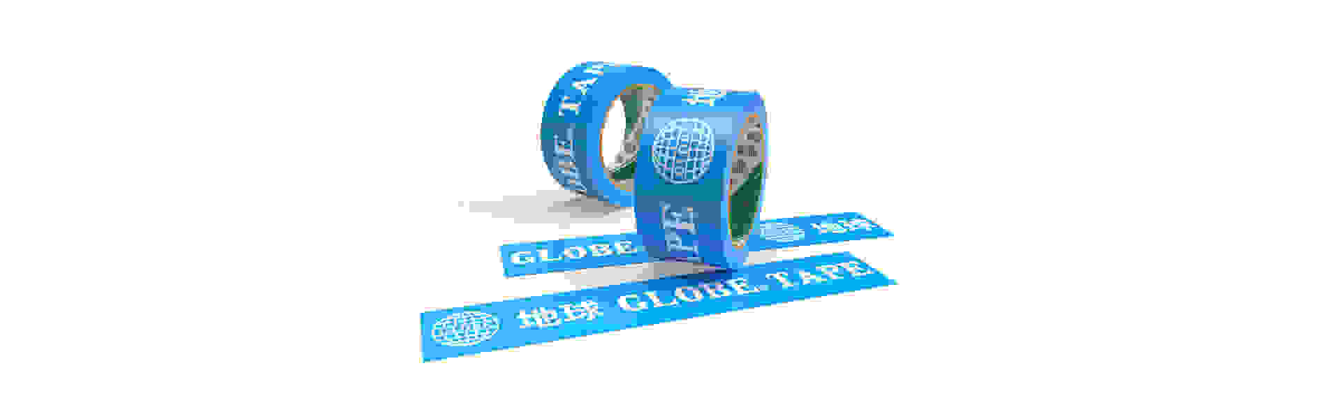 繁體中文：地球綜合工業股份有限公司 產品資訊 首頁圖（圖片為印製地球LOGO的藍色底 OPP 印刷包裝膠帶）